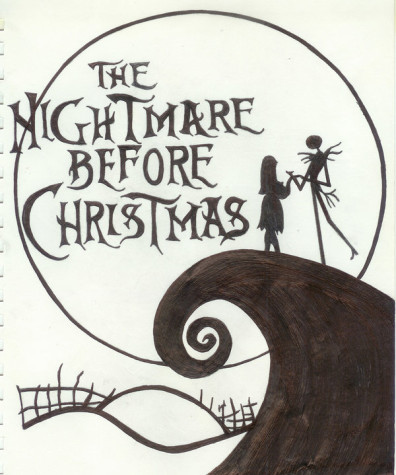 A hand drawn picture of the Nightmare Before Christmas important moment where Skeleton Jack meets his love interest, Sally.