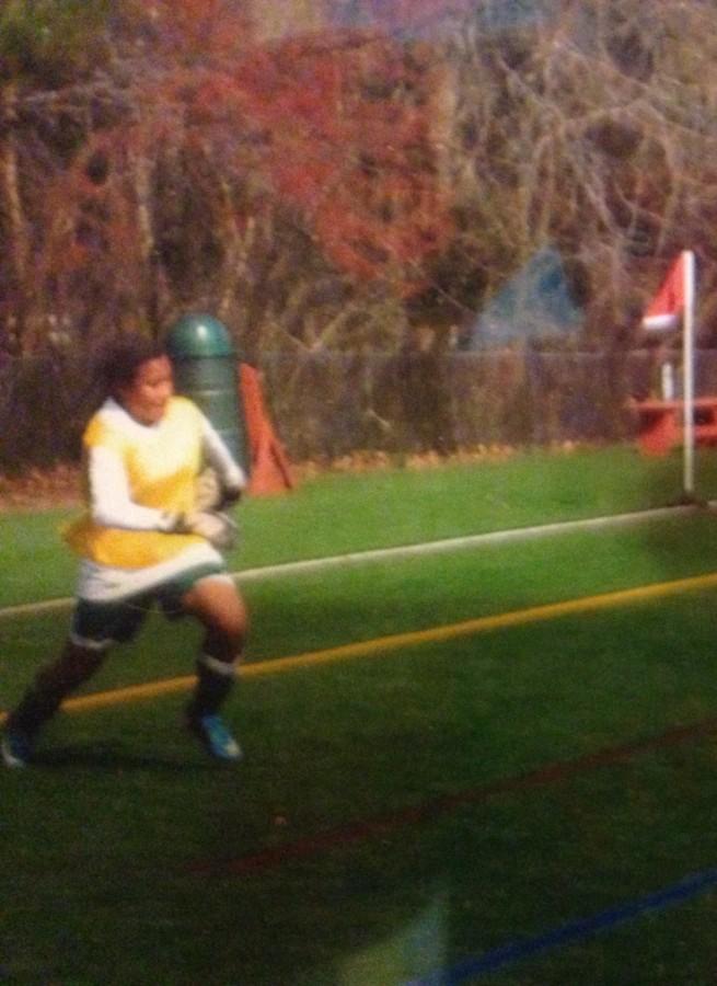 Soccer player Cayla White playing her favorite position, goalie.