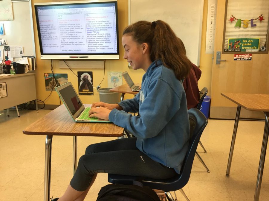 Sophomore Rebecca Stewart uses her school computer during class. Many students have had difficulties in connecting to the Internet due to GlobalProtect.