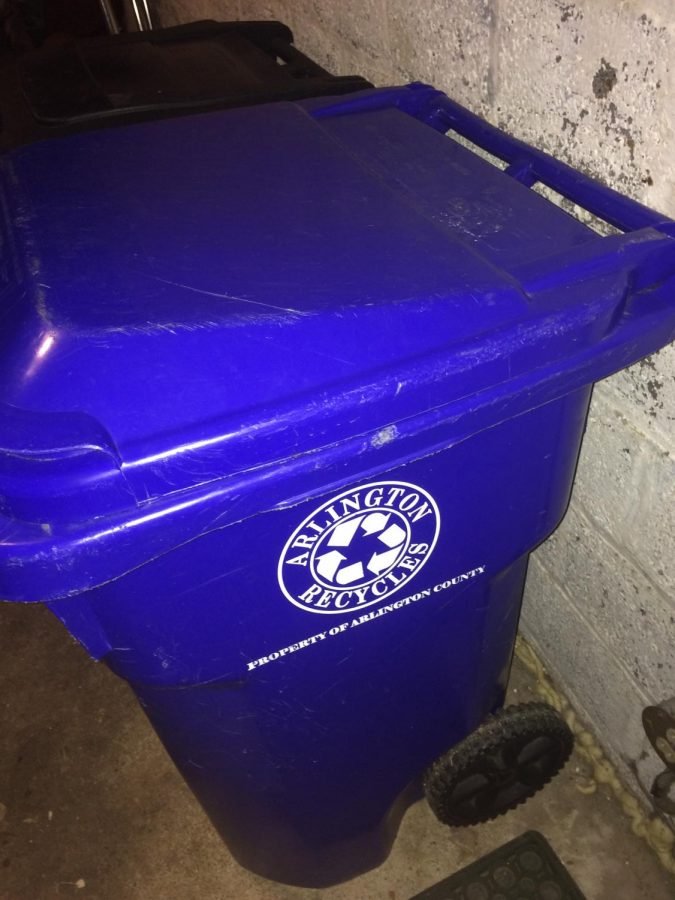 One of the recycling bins provided by the county. Arlington earns different amounts of money based on the type of items people recycle.