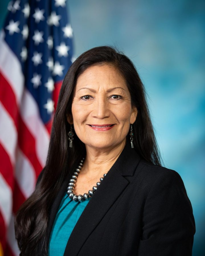 Congresswoman+Deb+Haaland+stands+for+her+official+congressional+photo.