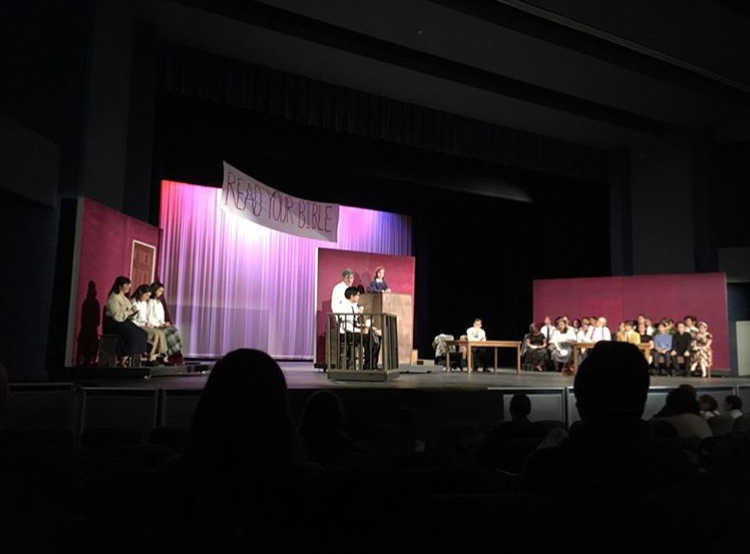 Students rehearsing a courtroom scene for the school’s fall play, “Inherit the Wind.”