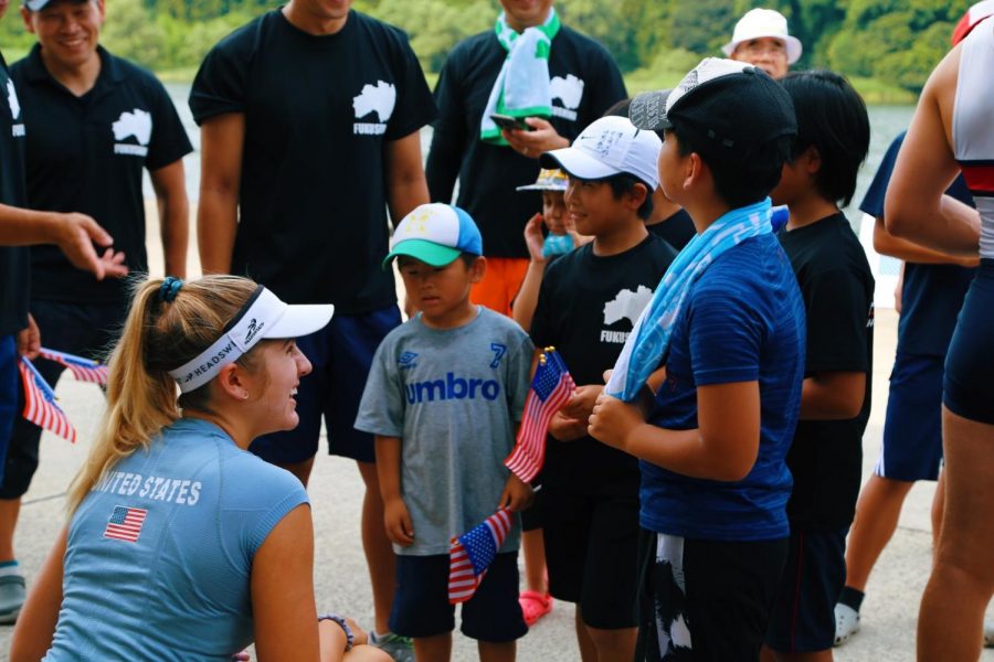 Senior Aidan Wrenn-Walz talks with a group of elementary school kids from Kitakata City, Fukushima, the host city for the U.S. for the upcoming 2020 Olympic Games. The US team had the opportunity to row with the kids in a cultural exchange event. “I still keep in contact with one of the girls via email and I hope to visit again someday.” Wrenn-Walz said. 