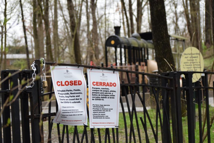  A playground in Bluemont Park displays a sign closing it to the public. Arlington closed park facilities, including parks, playgrounds, fields, restrooms, tracks, dog parks and athletic courts, along with schools on March 23. Governor Ralph Northam issued a stay-at-home order on Monday, March 30, making it a misdemeanor to congregate in groups of more than ten in both public and private areas, whether indoor or outdoor.
