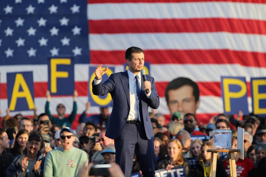 Pete Buttigieg speaks at a rally that took place on Washington-Libertys field. The rally attracted almost 8,000 people.