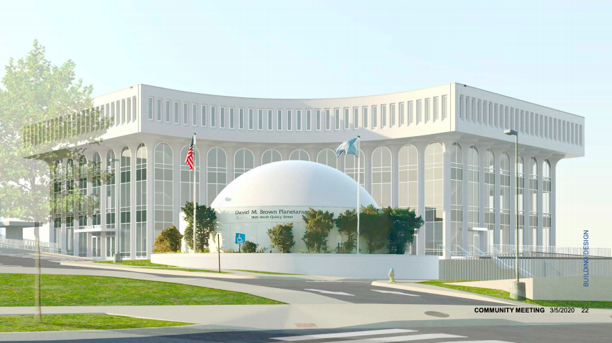 A front view of the Ed Center and the planetarium.