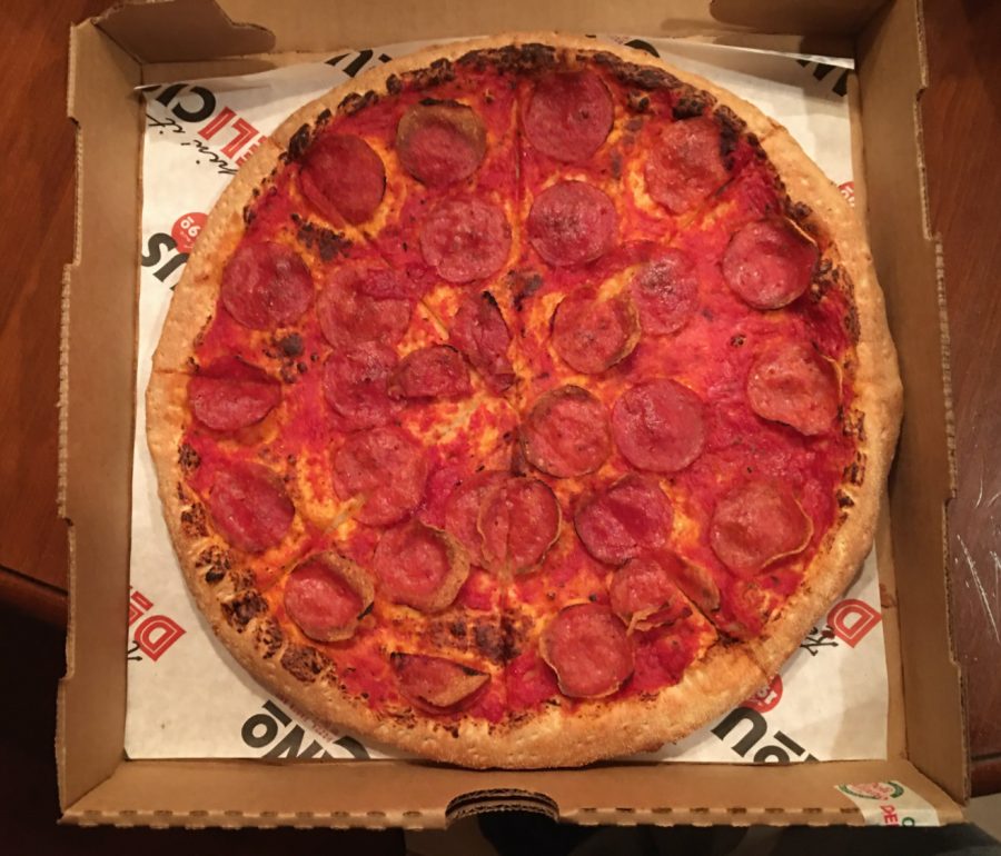 This is a cheese-less pepperoni pizza from Deli Italiano. Deli Italiano is a great pizza place to go to for pizza and their accommodations for those with food allergies. 