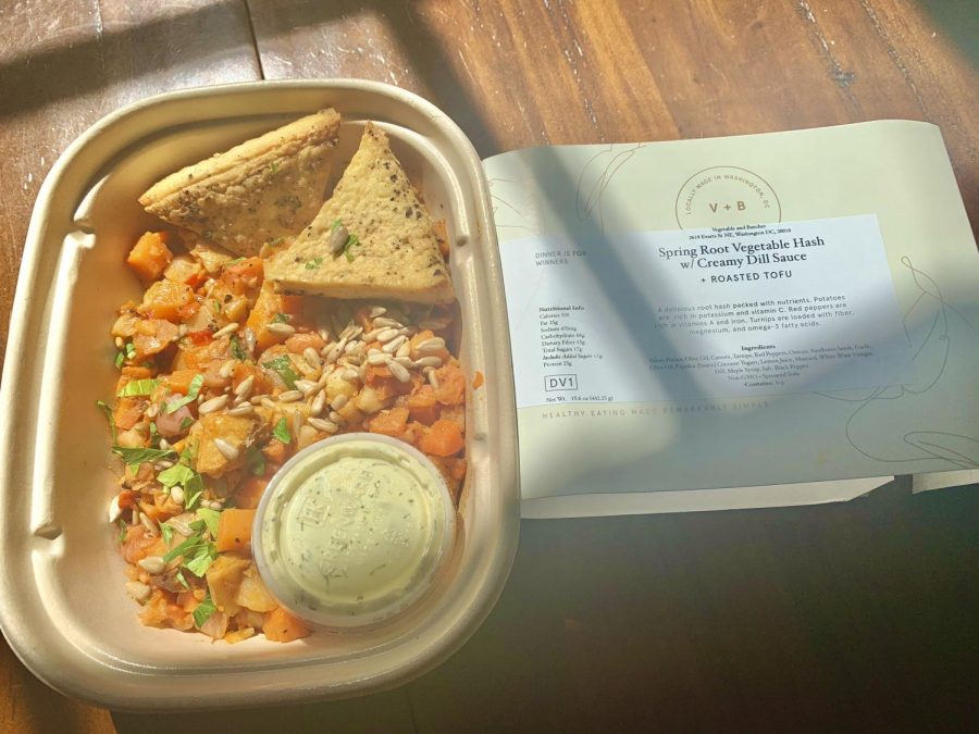 One of the many meals Vegetable and Butcher offers, a spring root vegetable hash with creamy dill sauce. They include all ingredients on the label so you know exactly what youre consuming. 