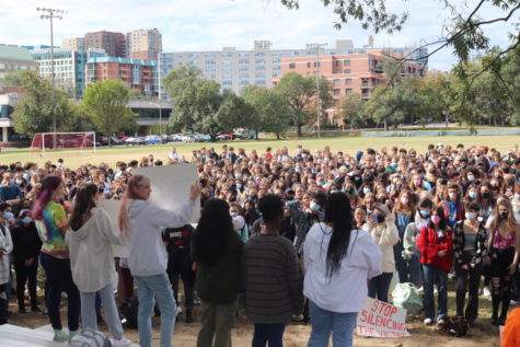 Walkout leaders stand in front of a crowd in protest of sexual assault in Arlington Public Schools. The walkout took place on October 22 this school year. 
