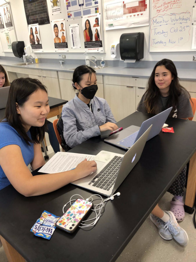 A science fair mentor assists students with their project (photo courtesy of Haley Baasansukh)