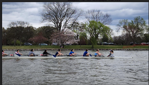 The girls varsity crew team row on the Potomac River. This was one of the first practices of the season, as it started in March. 