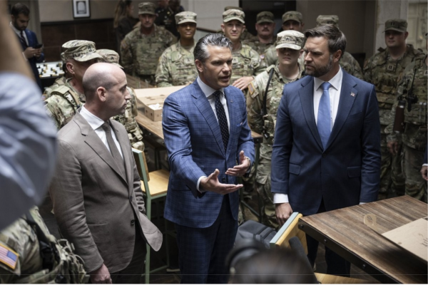 Secretary of Defense Pete Hegseth and Vice President J.D. Vance meet with troops in Washington. Members of the District of Columbia National Guard have patrolled Washington since early August. Courtesy of Alexander Kubitza, Department of Defense.
