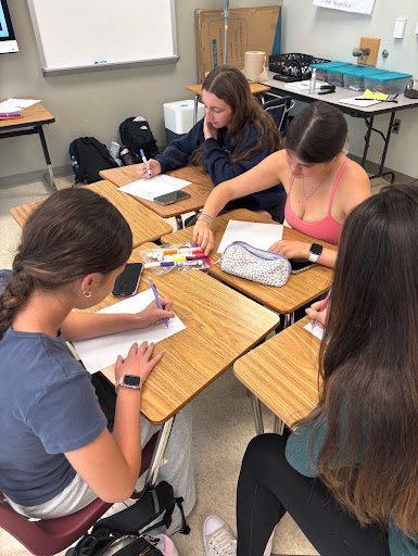 Photo of a meeting for the Students of Conscious Checklist Club. Students in the photo are making posters that support voting to post them around the community prior to the governor election of Virginia. 
