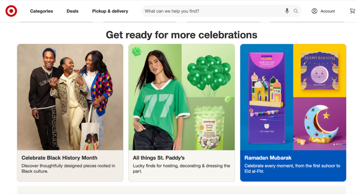 Target’s Black History Month and Ramadan sections are placed next to the St. Patrick’s Day section near the bottom of the home page 