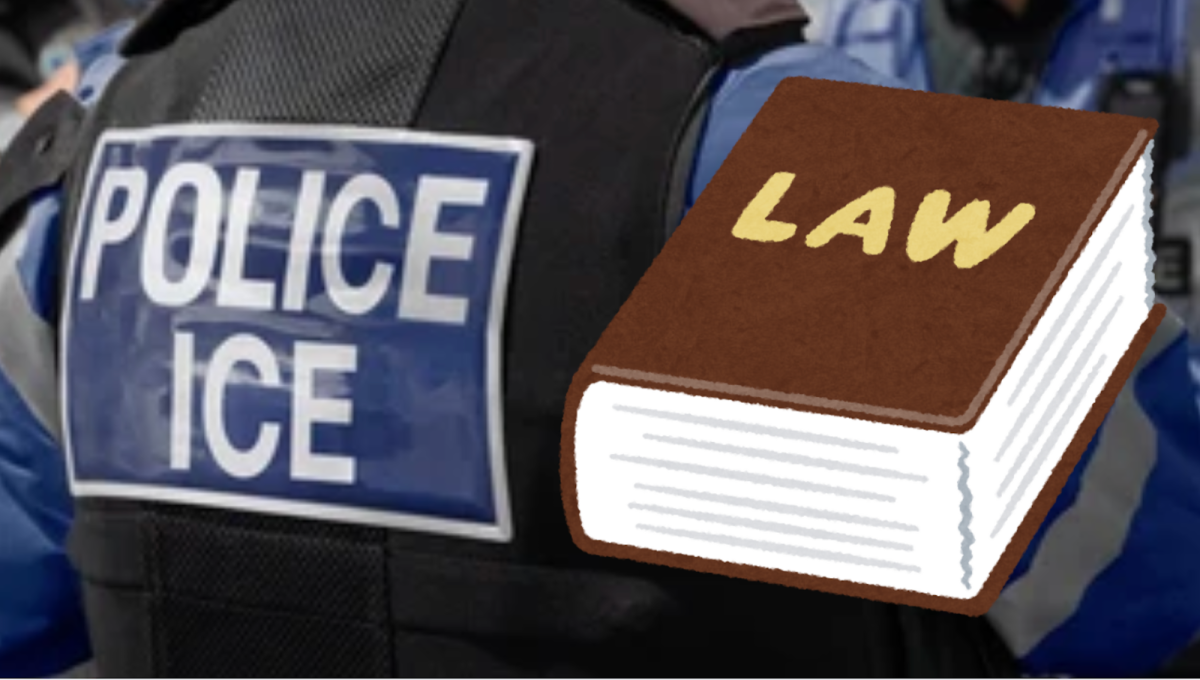 Graphic of an ICE agent’s back next to a law book.

